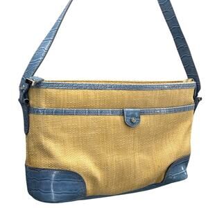 Etienne Aigner Vintage Summer Straw Basket Weave Blue Croc Trim Purse